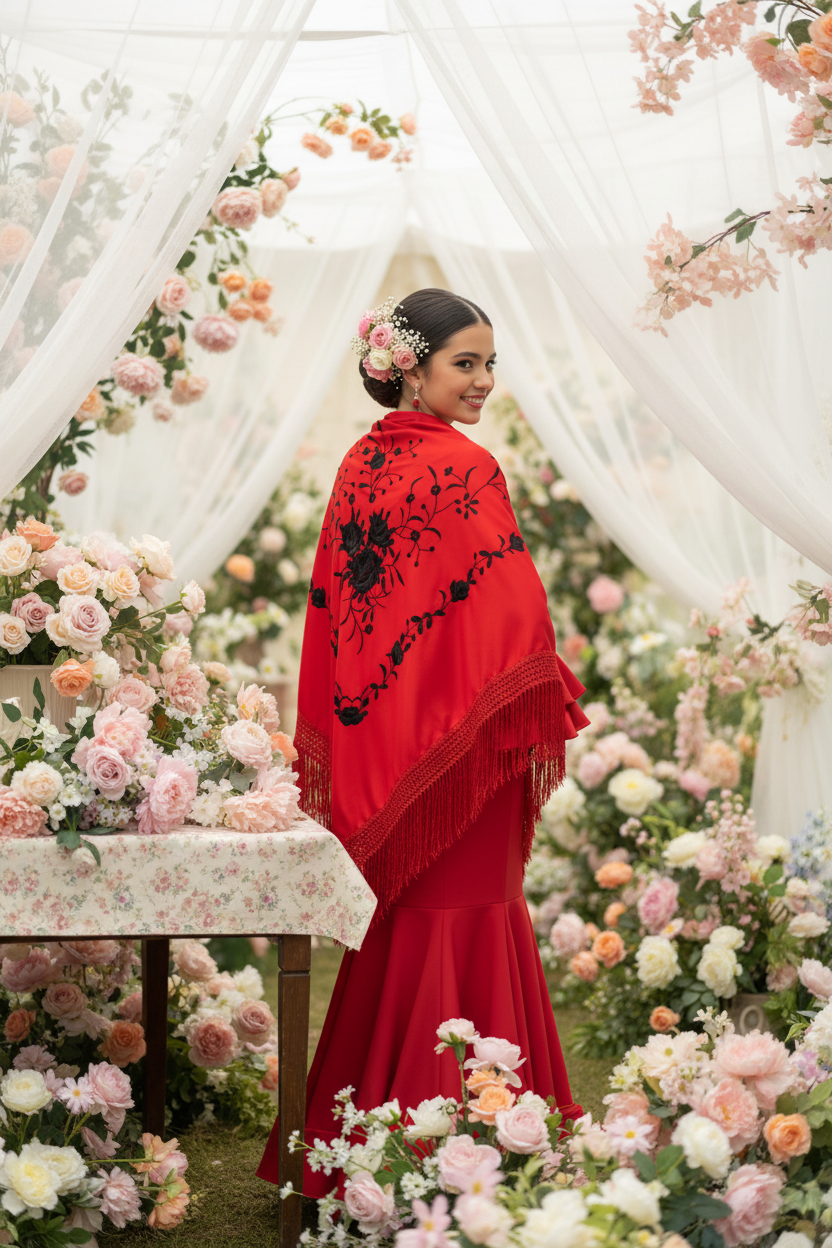 Red and Black Triangular Shawl 150cm | Ref. MT150-16