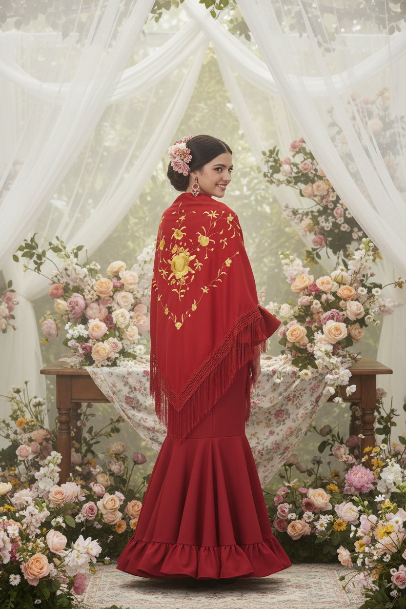 Mantoncillo Triangular Rojo con Dorado 150cm | Ref. MT180-17