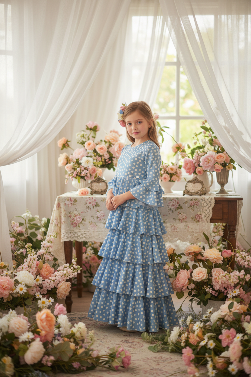 Traje de Flamenca de Niña Azul con Lunares Blancos | Ref. 221783