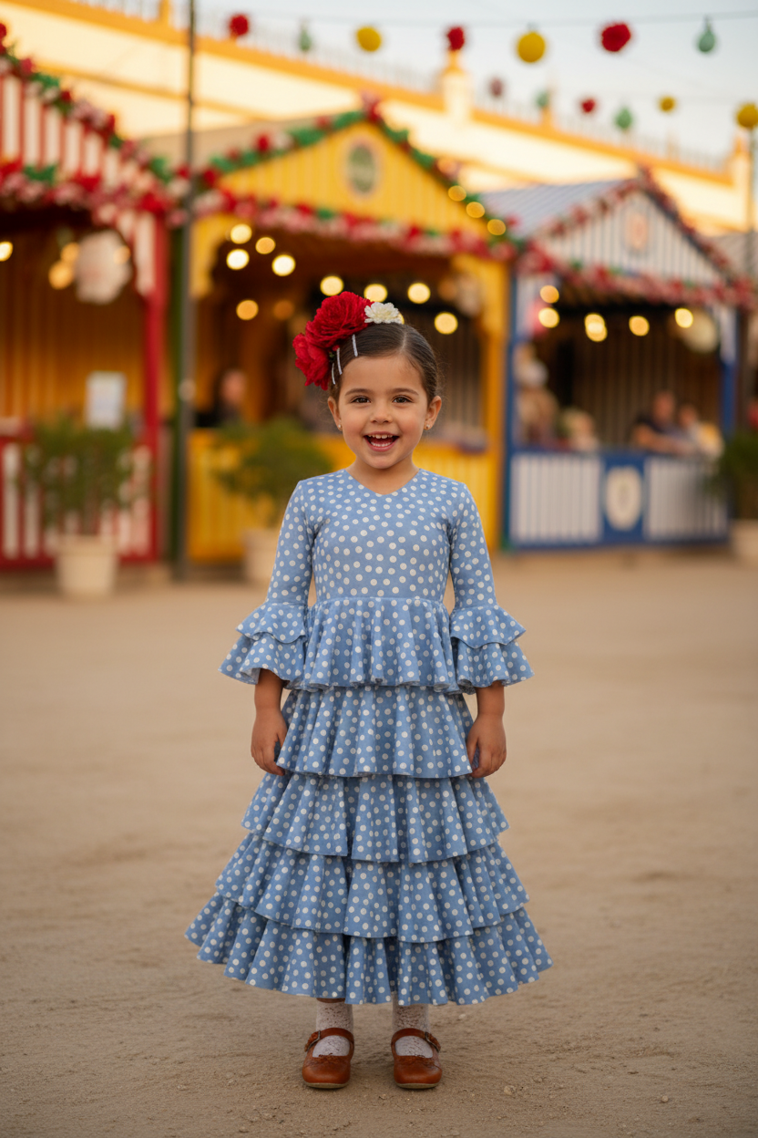 Traje de Flamenca de Niña Azul con Lunares Blancos | Ref. 221783
