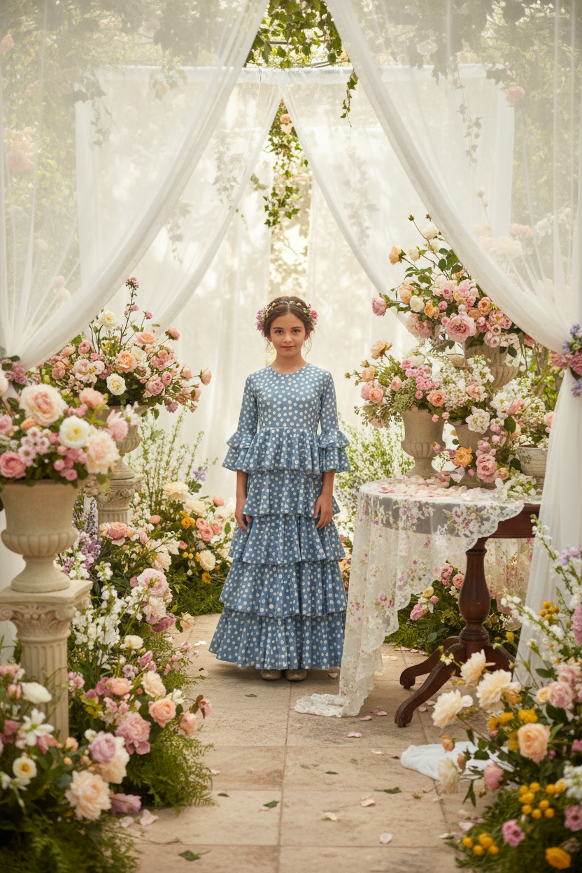 Traje de Flamenca de Niña Azul con Lunares Blancos | Ref. 221783