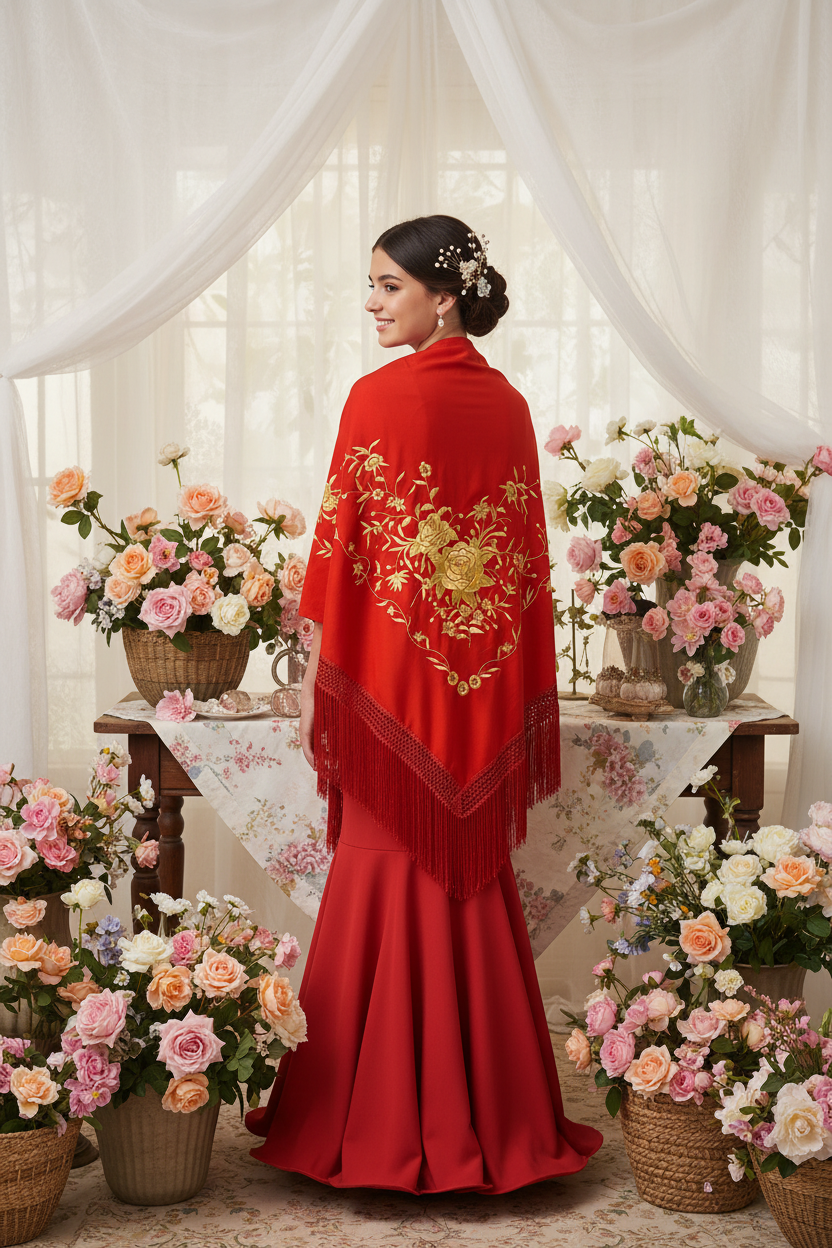 Mantoncillo Triangular Rojo con Dorado 150cm | Ref. MT180-91