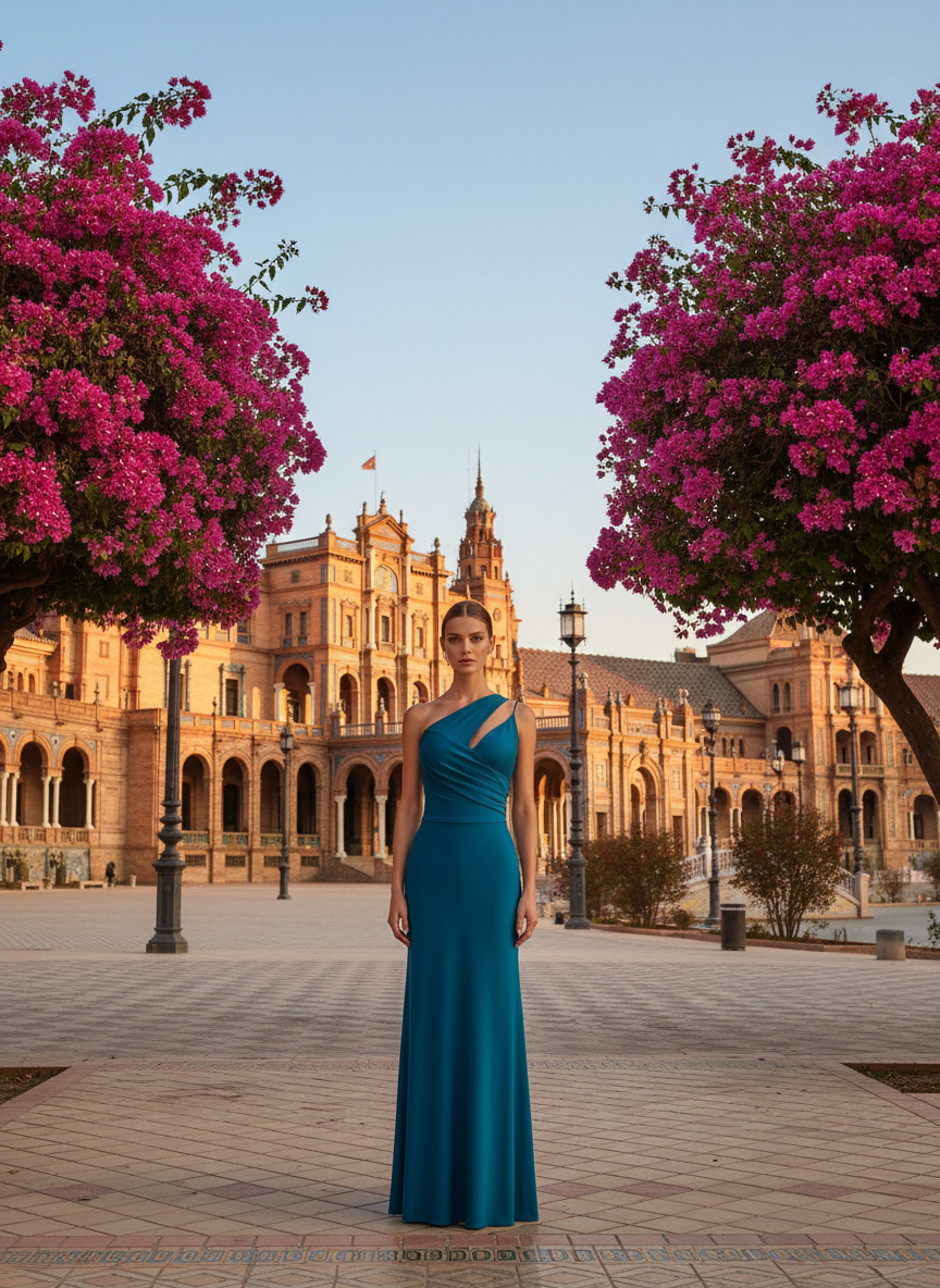 VESTIDO LARGO ELÁSTICO BRILLANTE - AZUL PETRÓLEO - 25017