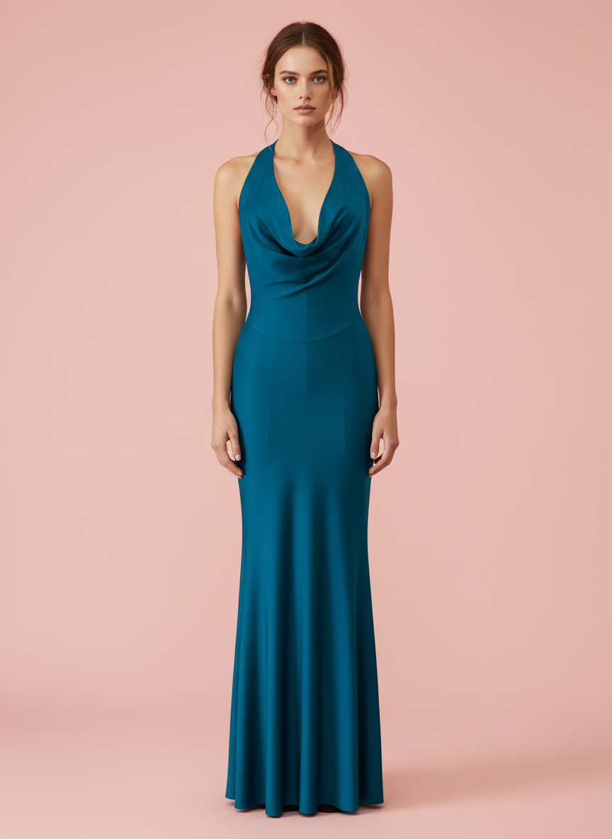 VESTIDO LARGO ELÁSTICO BRILLANTE - AZUL PETRÓLEO - 23917