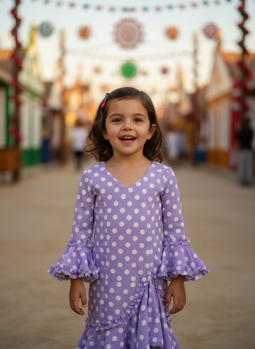 Traje de Flamenca de Niña Lila con Lunares Blancos | Ref. KL-501