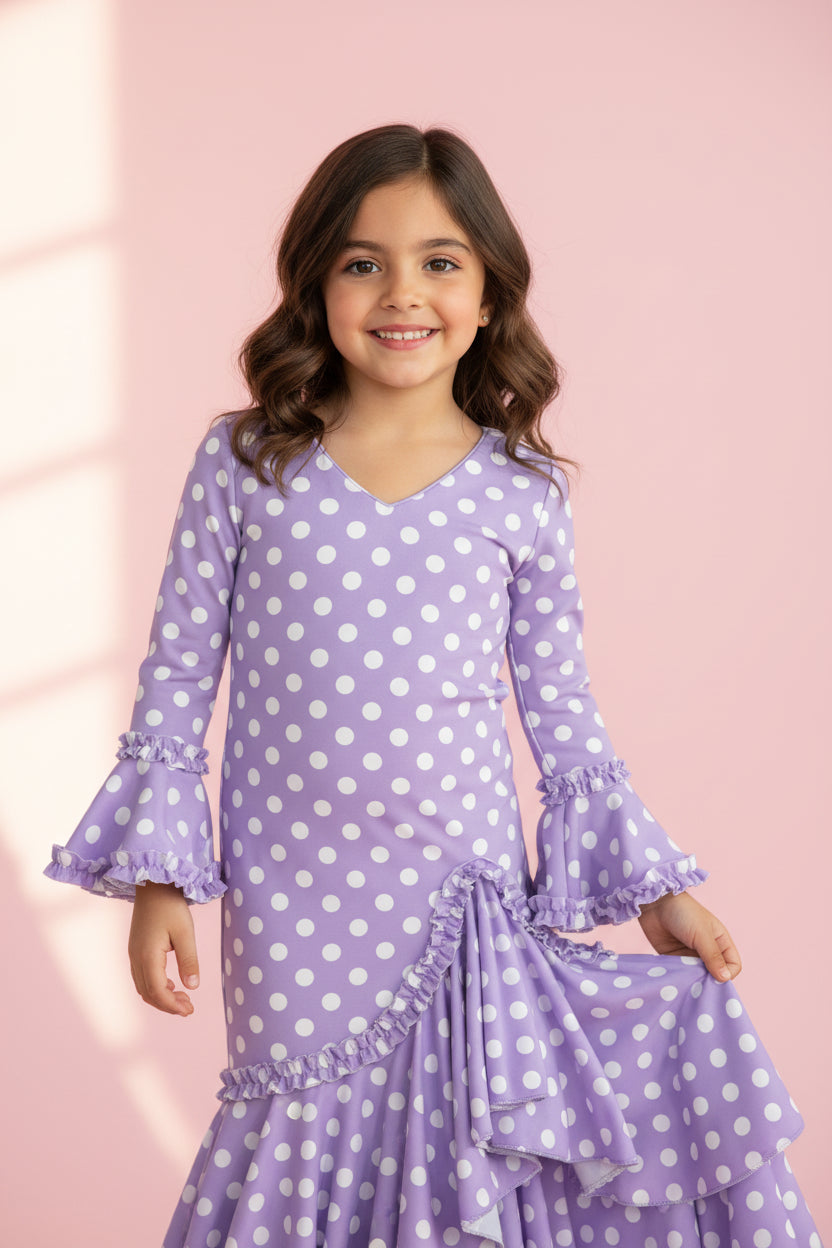 Traje de Flamenca de Niña Lila con Lunares Blancos | Ref. KL-501