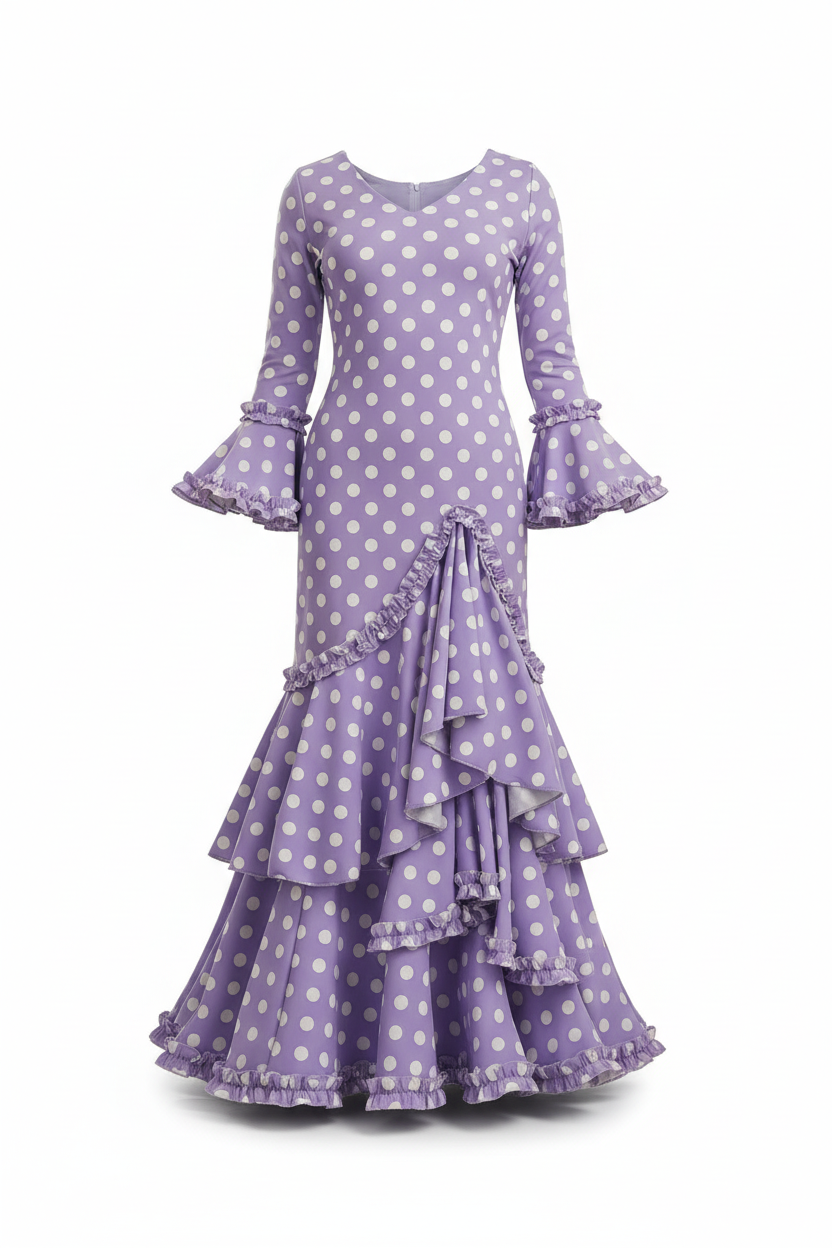 Traje de Flamenca de Niña Lila con Lunares Blancos | Ref. KL-501