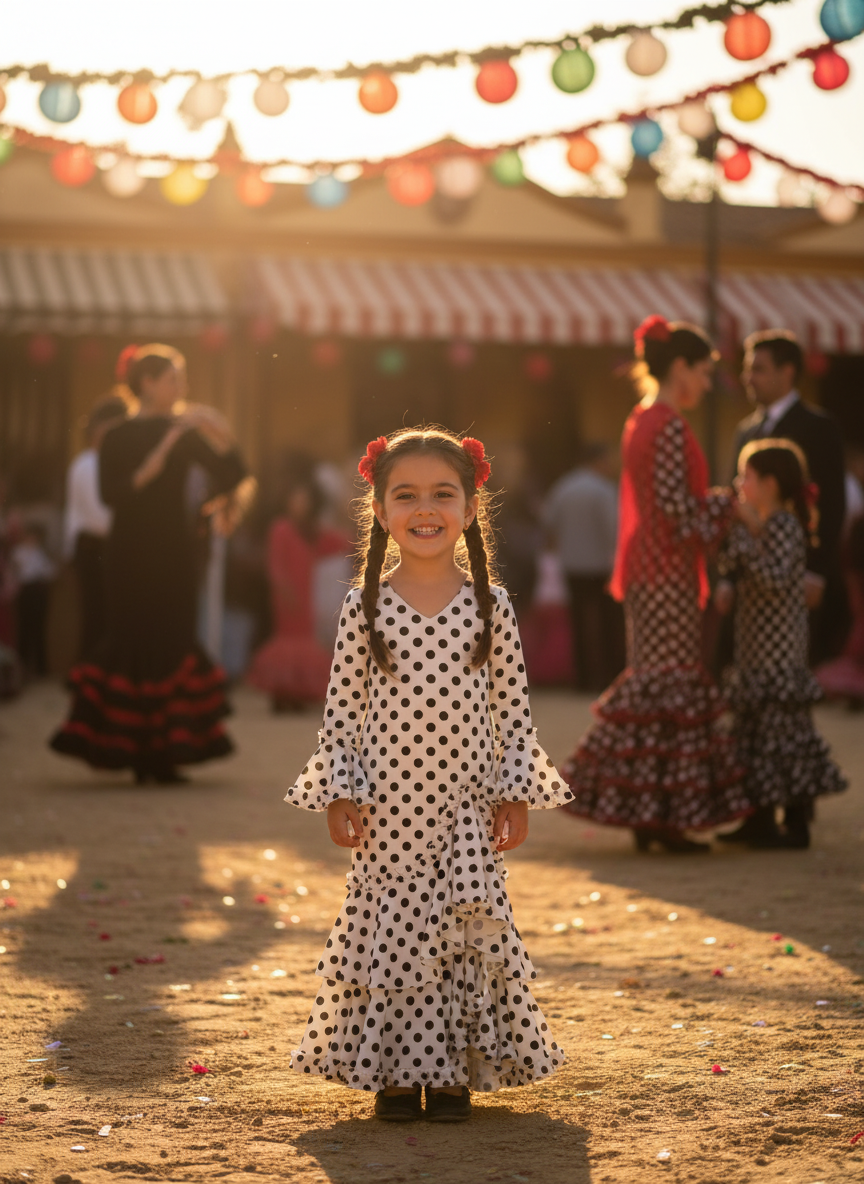 Traje de Flamenca de Niña Blanco con Lunares Negros | Ref. KL-501