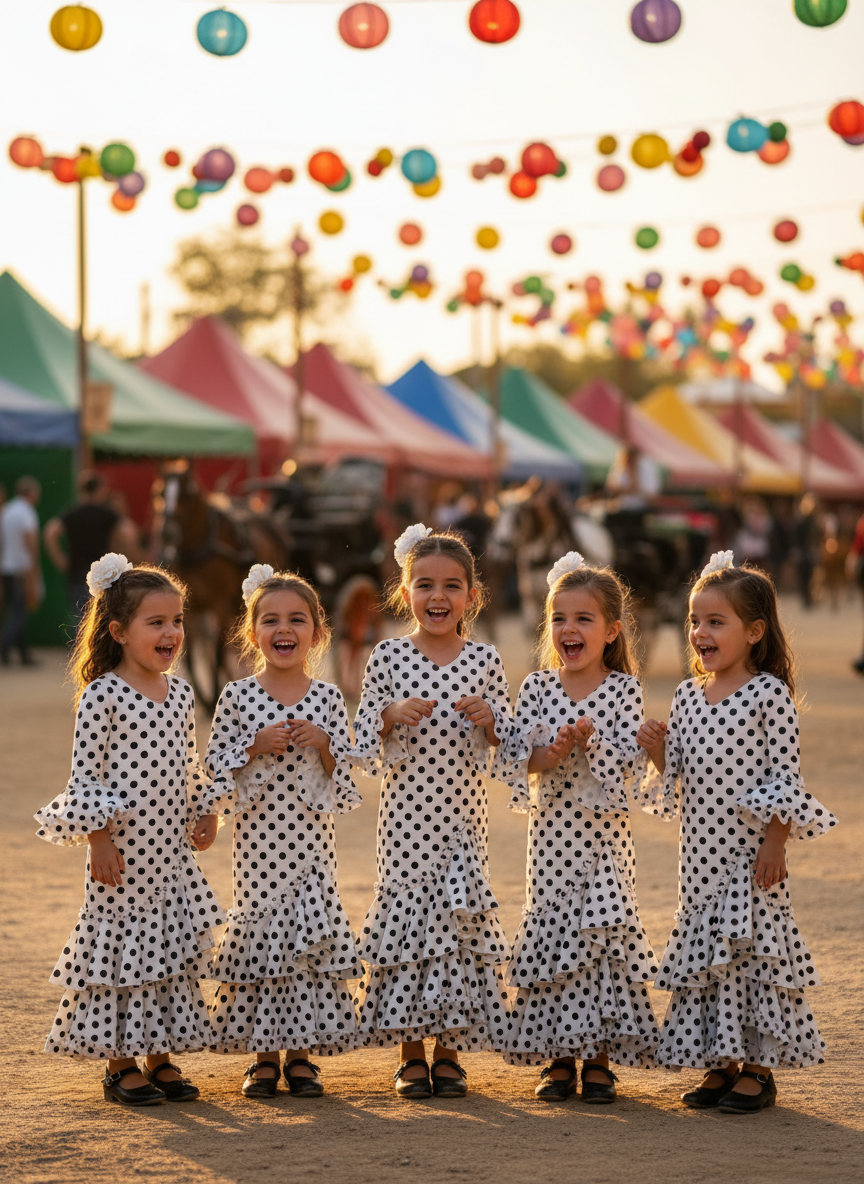 Traje de Flamenca de Niña Blanco con Lunares Negros | Ref. KL-501