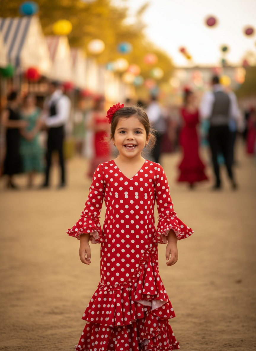 Traje de Flamenca de Niña Rojo con Lunares Blancos | Ref. KL-501