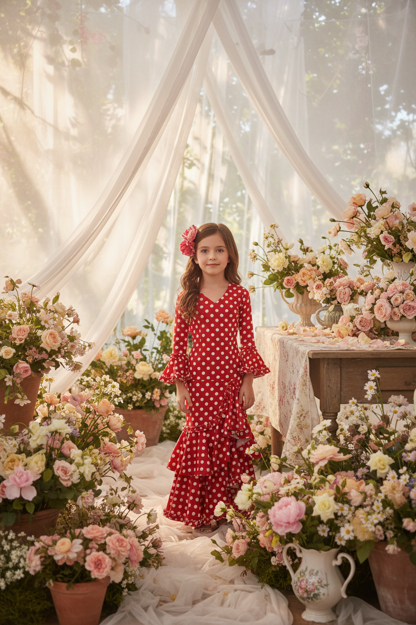 Traje de Flamenca de Niña Rojo con Lunares Blancos | Ref. KL-501