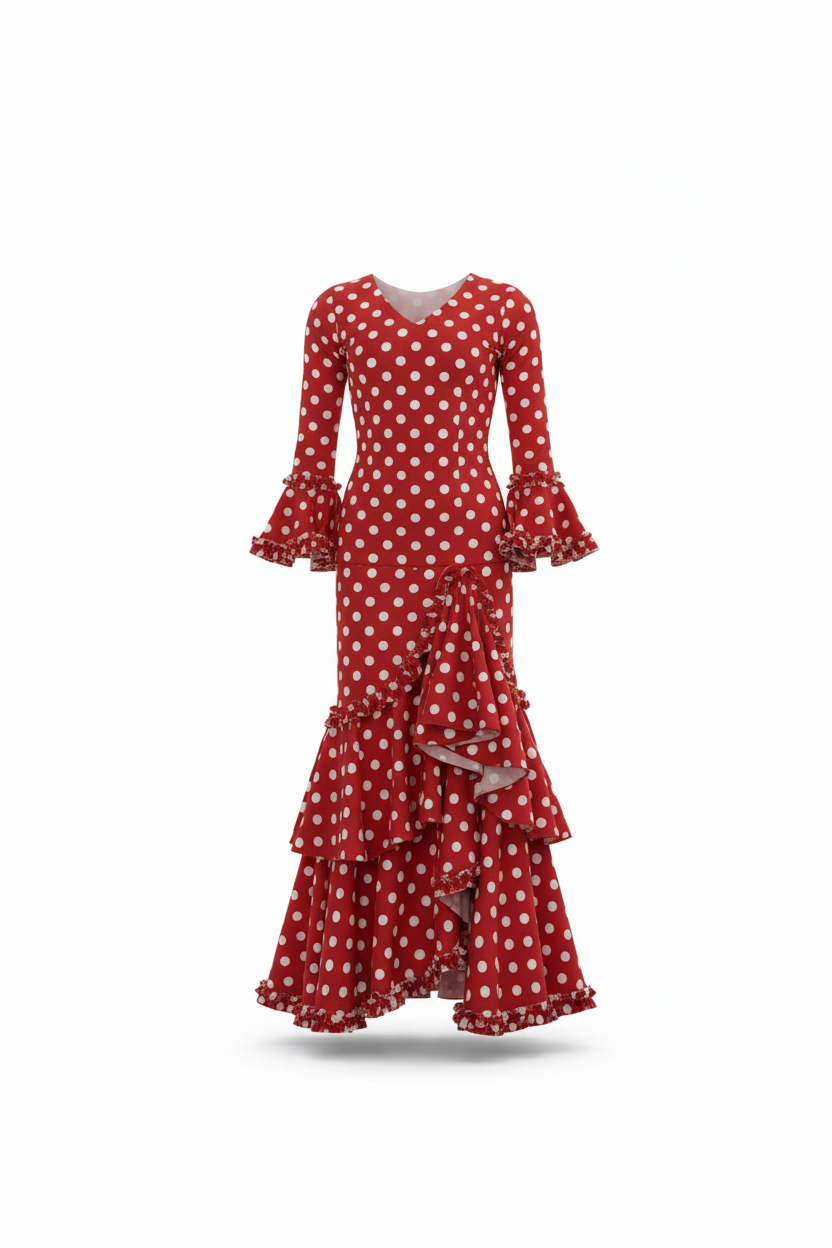 Traje de Flamenca de Niña Rojo con Lunares Blancos | Ref. KL-501