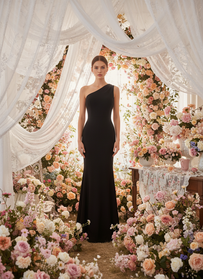 VESTIDO LARGO ELÁSTICO BRILLANTE NEGRO 25129